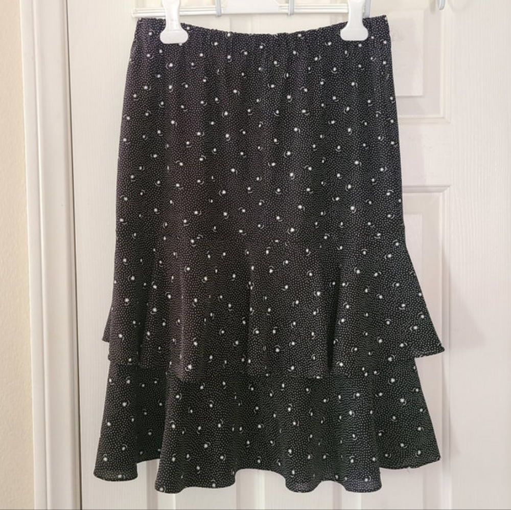 Vintage JENNY Women USA Star Moon Print Pattern 80s Black Ruffle Skirt Plus Size